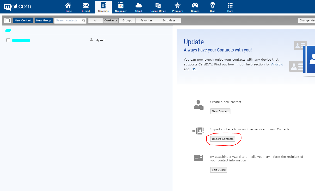 Screenshot of mail.com import contacts
