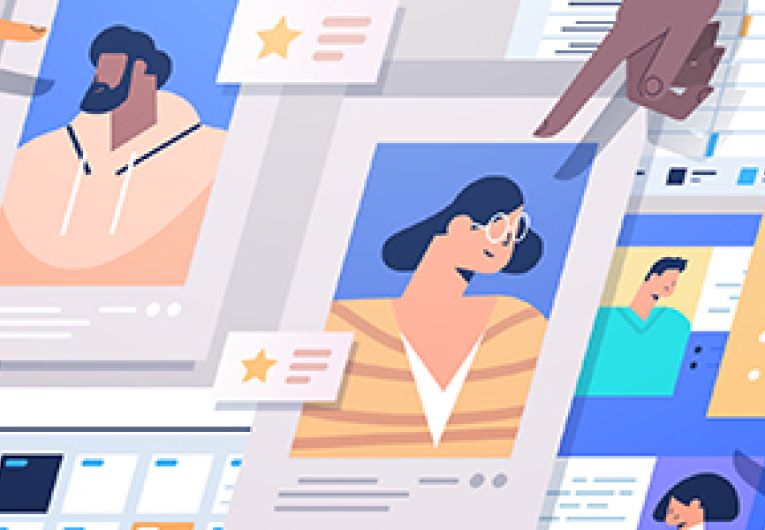 Illustration of fingers pointing to a group of photos featuring potential job candidates.