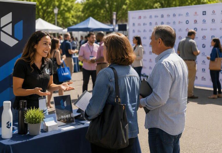 An outdoor business event where attendees interact with a sponsor booth while a large wall of sponsor logos receives little attention in the background.
