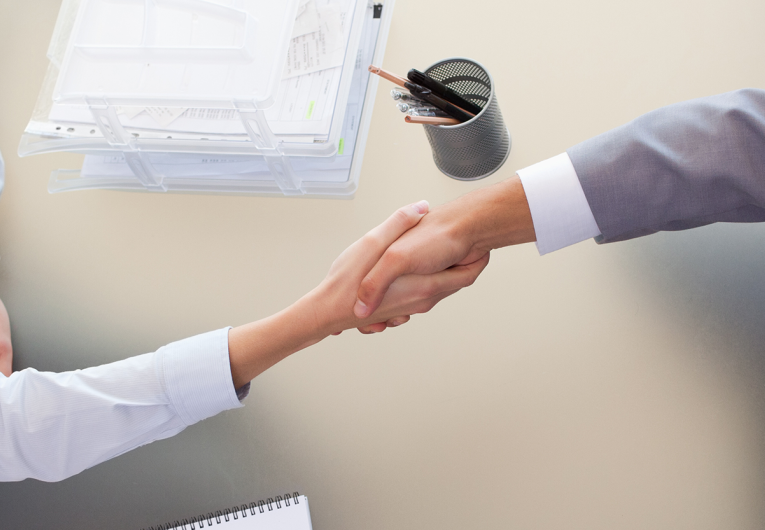 Business professionals male and female handshaking over table.