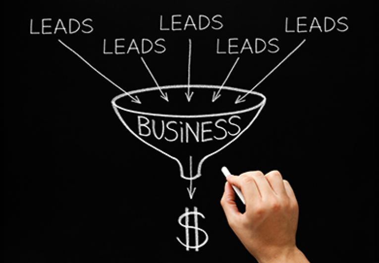 Hand drawing Lead Generation Business Funnel concept with white chalk on blackboard.