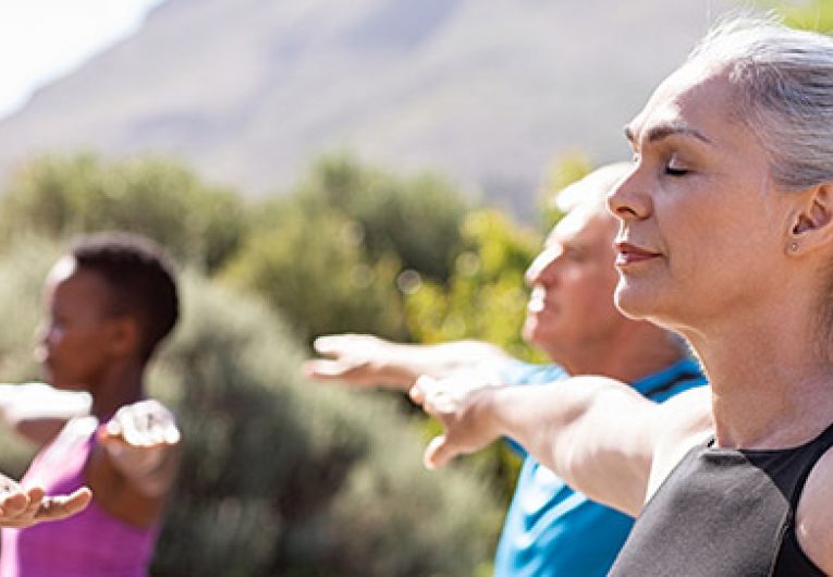 group of people performing yoga