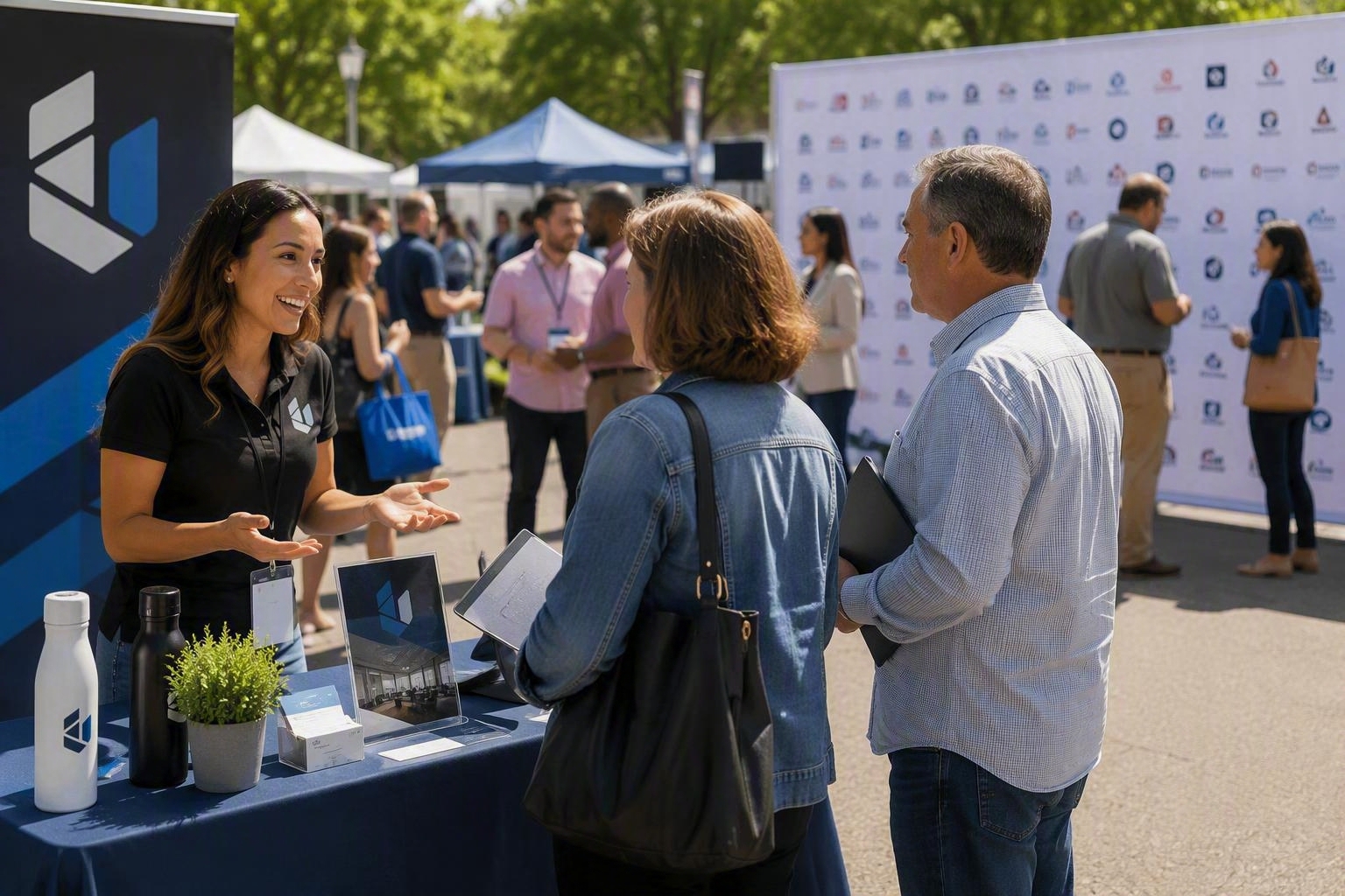 An outdoor business event where attendees interact with a sponsor booth while a large wall of sponsor logos receives little attention in the background.